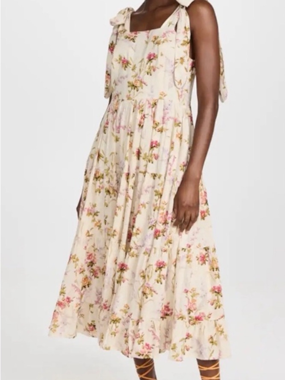 Floral Tie-Shoulder Midi Dress in Cream